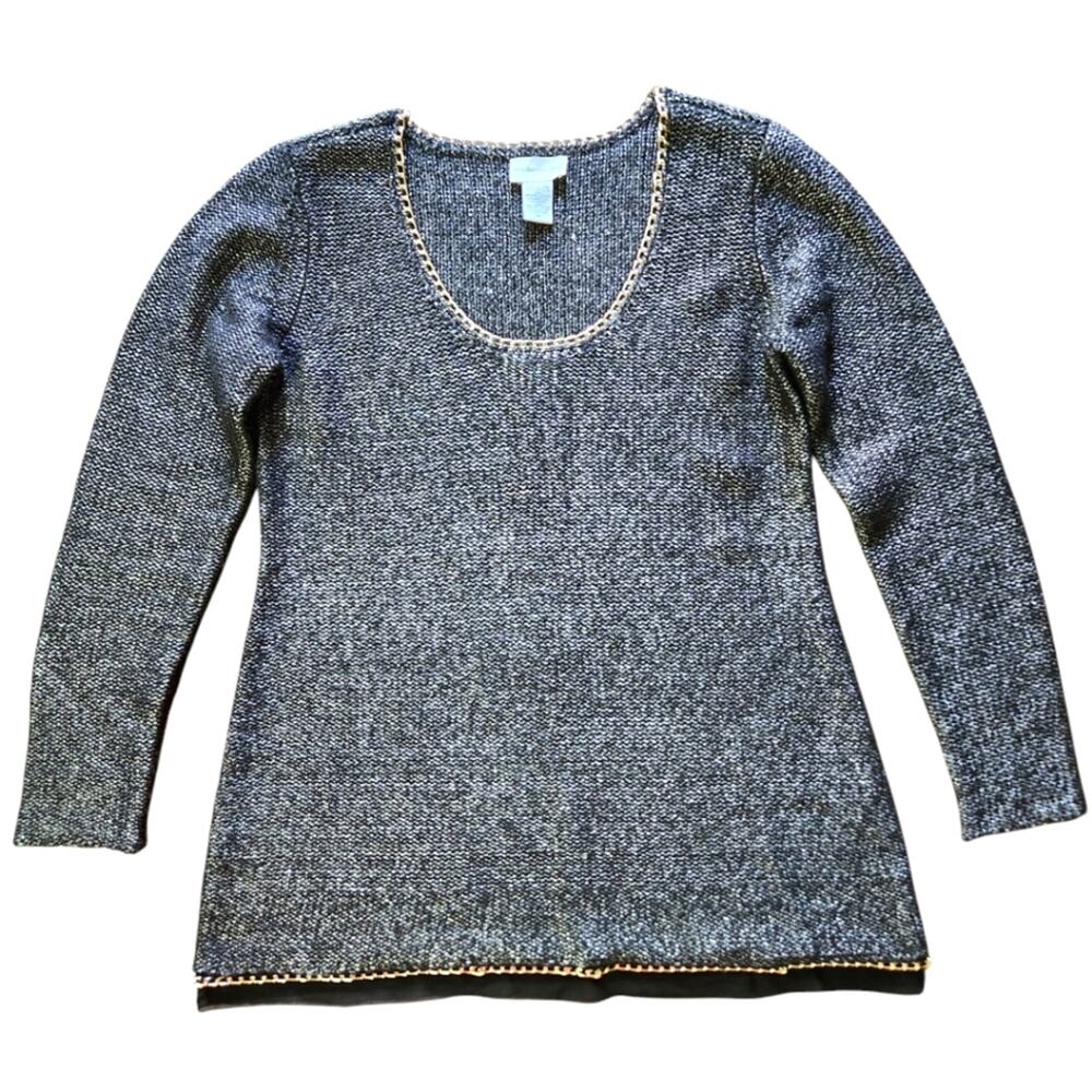 Soft Surroundings Black Knit Mesh Trim Gold Chain Trim Tunic Sweater size M
